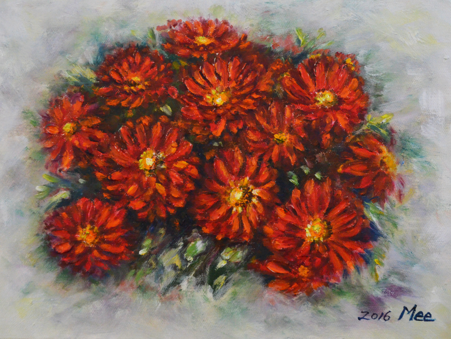 EOPR] MEE JUNG - Original Painting -  Impressionism Red Spring Flowers Botanical Painting