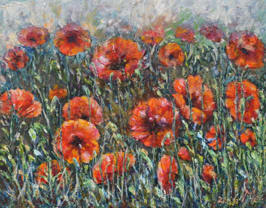 EOPR] MEE JUNG - Original Painting -  Impressionism Red Flower Garden Painting