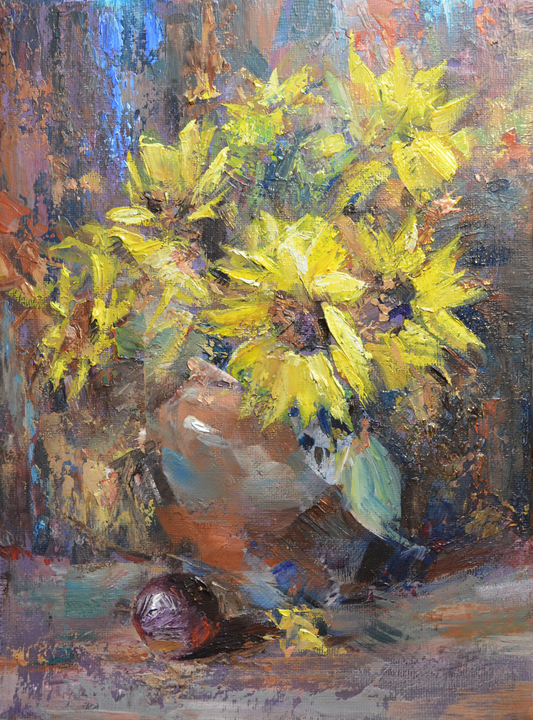 EOPR] JAY JACK JUNG (B. 1955) Original Artwork - Impressionism Sunflower Vase Still Life Painting