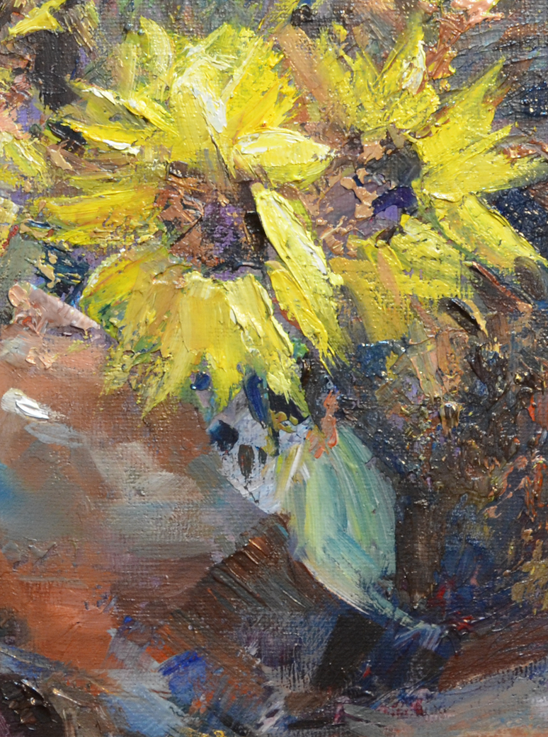 EOPR] JAY JACK JUNG (B. 1955) Original Artwork - Impressionism Sunflower Vase Still Life Painting