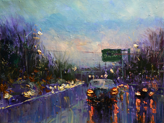 EOPC] JAY JACK JUNG (B. 1955) Original Artwork - Impressionism Rainy Day in Highway Cityscape Painting