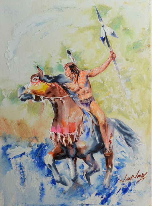 EOPW] JAY JACK JUNG (B. 1955) Original Artwork - Expressionism Native American Indian Warrior on Horse Painting