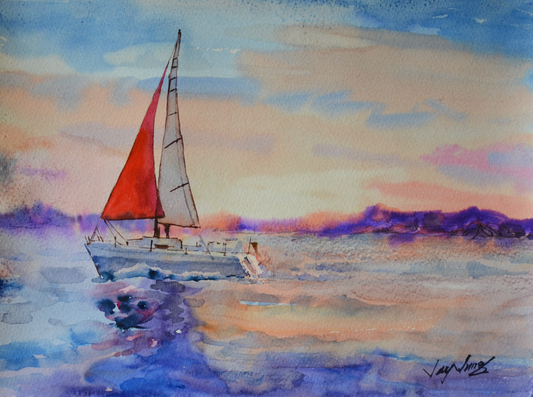 EOPS] JAY JACK JUNG (B. 1955) Original Artwork - Impressionism Sailboat at Sunset Seascape Painting