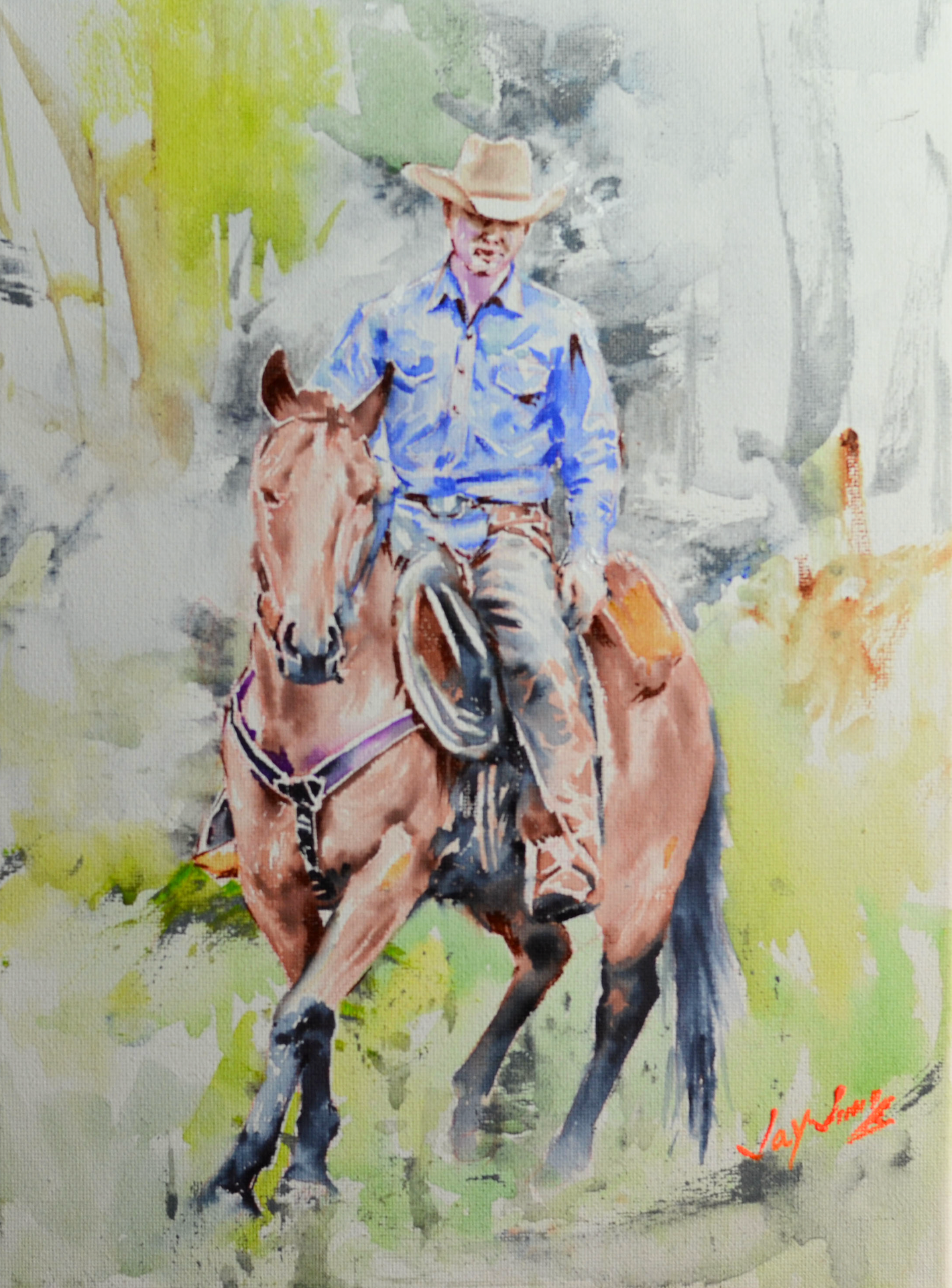 EOPW] JAY JACK JUNG (B. 1955) Original Artwork - Expressionism Cowboy Riding Horse Painting